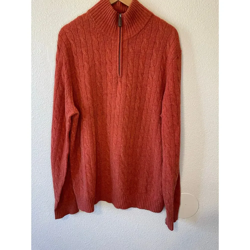 J. Crew Men's Lambs Wool Cable Knit Zip Up Pull On Henley Sweater Large Orange